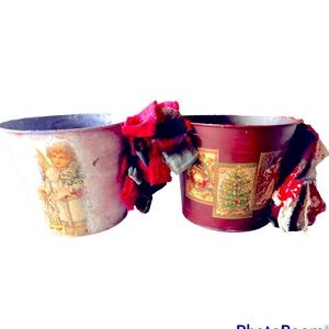 2 Vintage  Rustic Christmas Baskets Pails Planters Handmade 6.5 inches